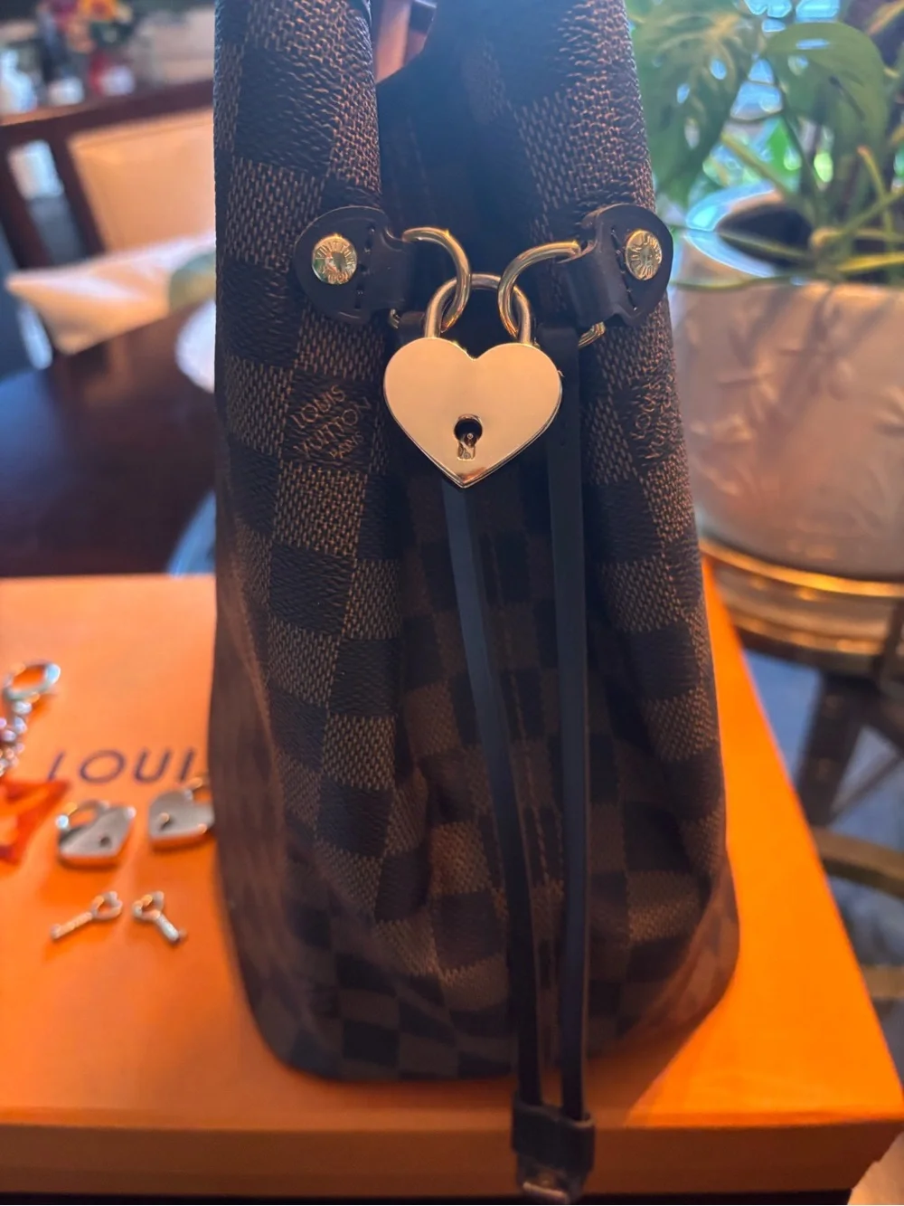 LV Tortoise Brown Keychain & matching Hearts Charm & lock set